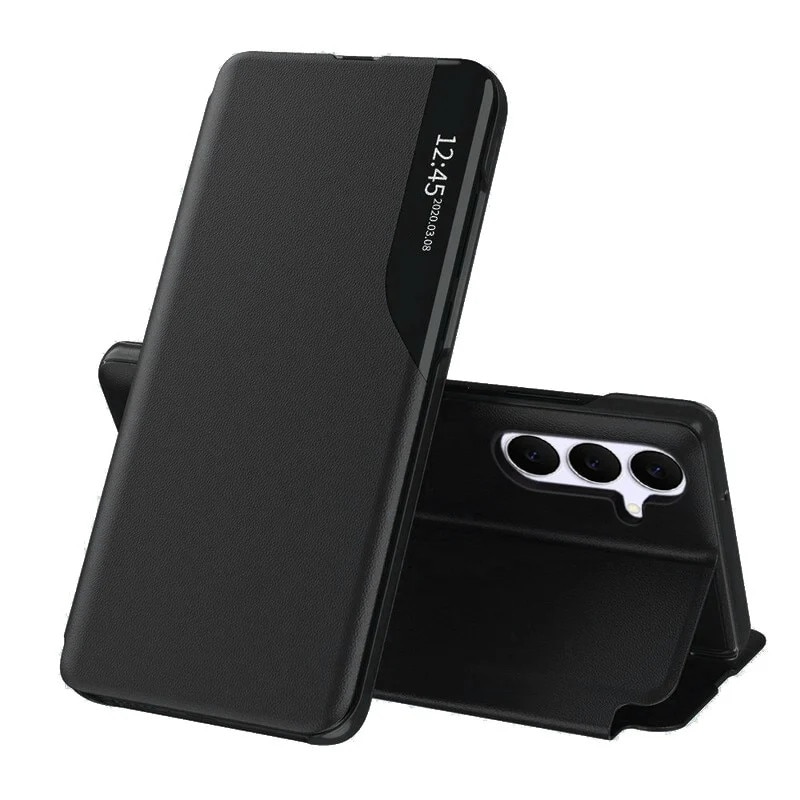 Husa pentru Samsung Galaxy S25 FE, SKYDDAR INNOVATION, eFold, tip carte, set cu sticker, Negru