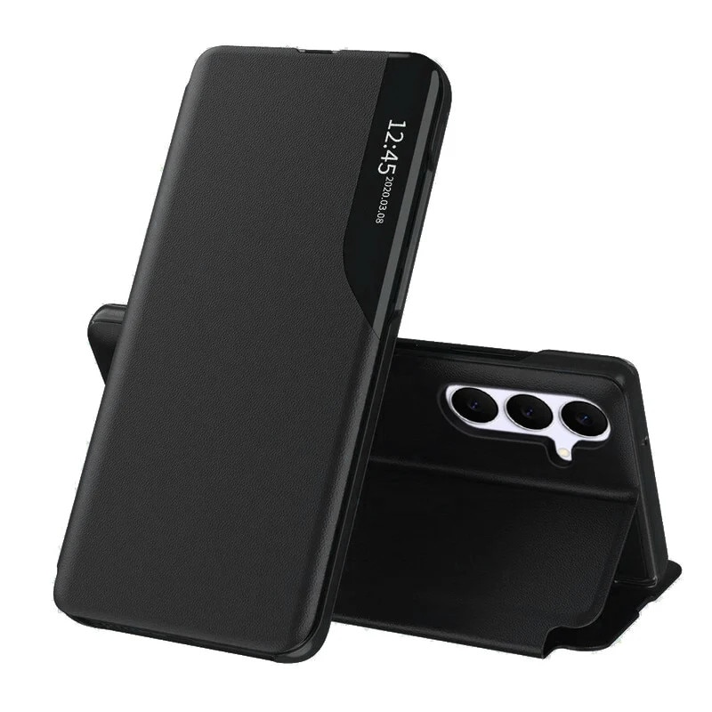 Husa pentru Samsung Galaxy S25 FE, SKYDDAR INNOVATION, eFold, tip carte, set cu sticker, Negru
