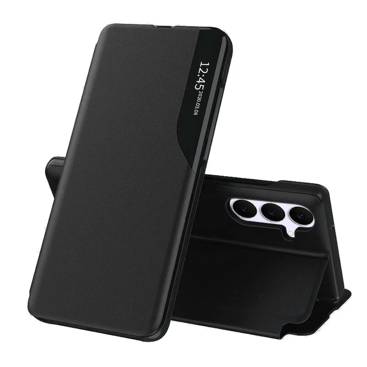Husa pentru Samsung Galaxy S25 FE, SKYDDAR INNOVATION, eFold, tip carte, set cu sticker, Negru