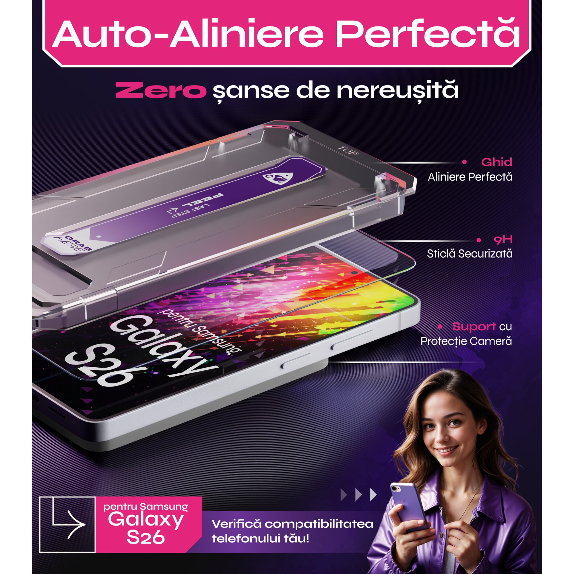Set 2 Folii sticlă protectoare DefenSlim, 9H, transparent, pentru Samsung Galaxy S26, aplicație rapidă în 30 secunde