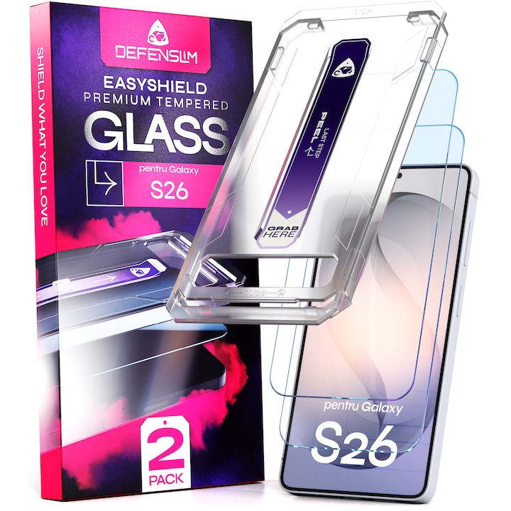 Set 2 Folii sticlă protectoare DefenSlim, 9H, transparent, pentru Samsung Galaxy S26, aplicație rapidă în 30 secunde