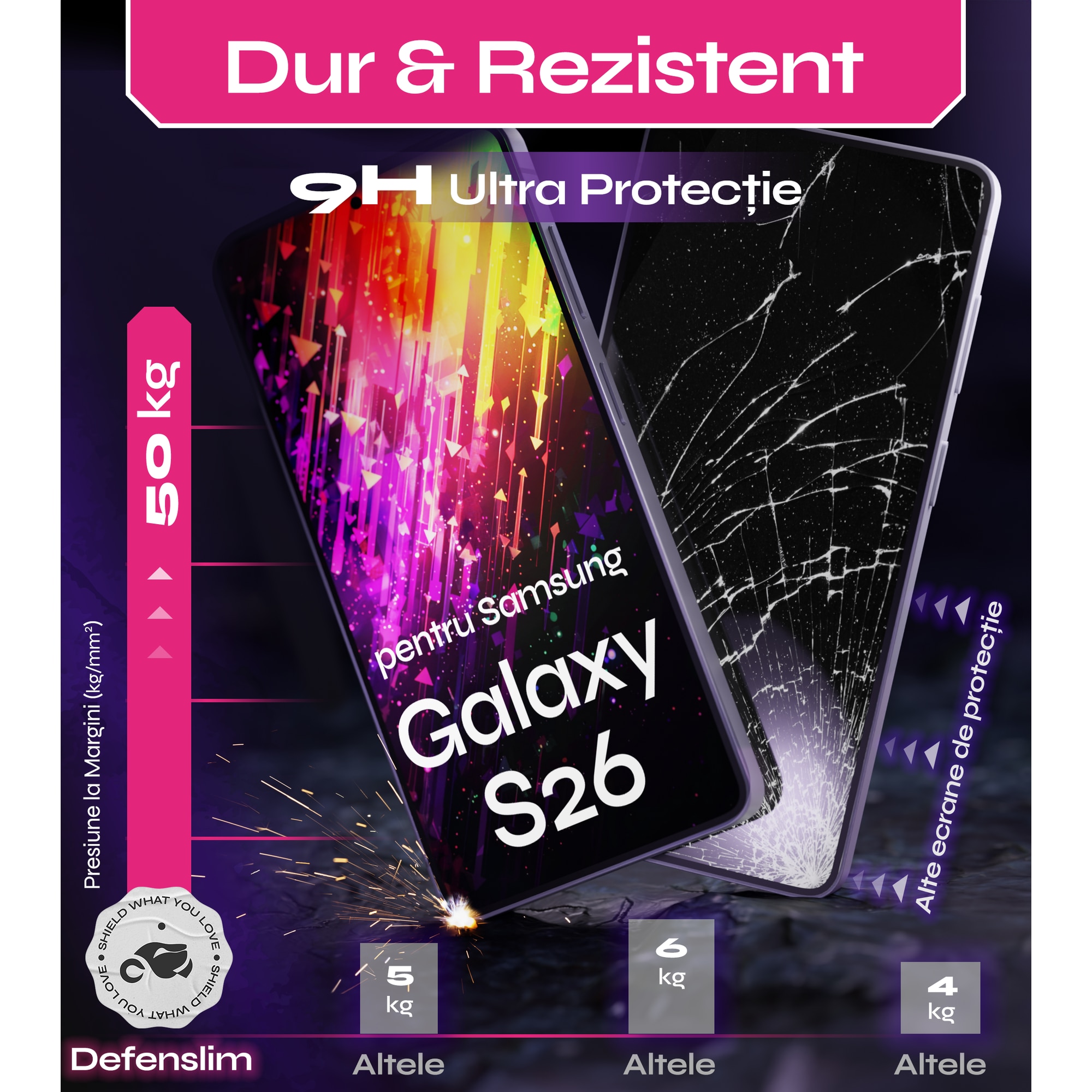 Set 2 Folii sticlă protectoare DefenSlim, 9H, transparent, pentru Samsung Galaxy S26, aplicație rapidă în 30 secunde