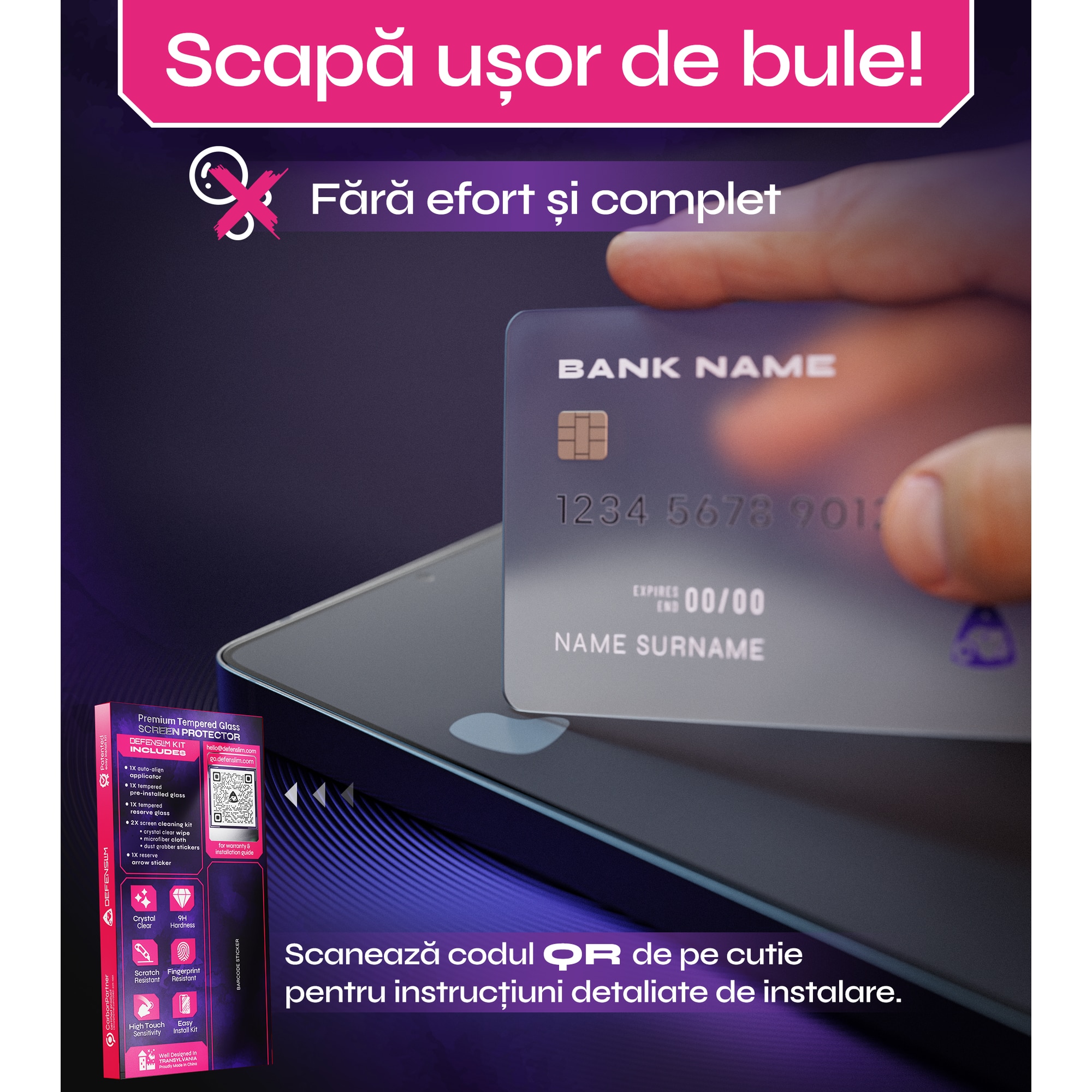 Set 2 Folii sticlă protectoare DefenSlim, 9H, transparent, pentru Samsung Galaxy S26, aplicație rapidă în 30 secunde