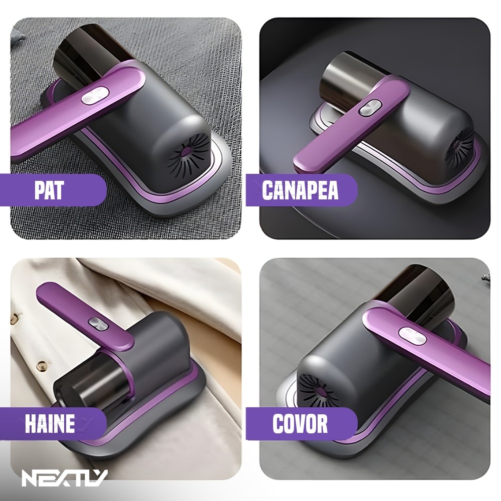 Aspirator antiacarieni NEXTLY, curatare si igienizare suprafete, 2 trepte de viteza, lumina UV, incarcare USB, 24x24cm, gri-mov