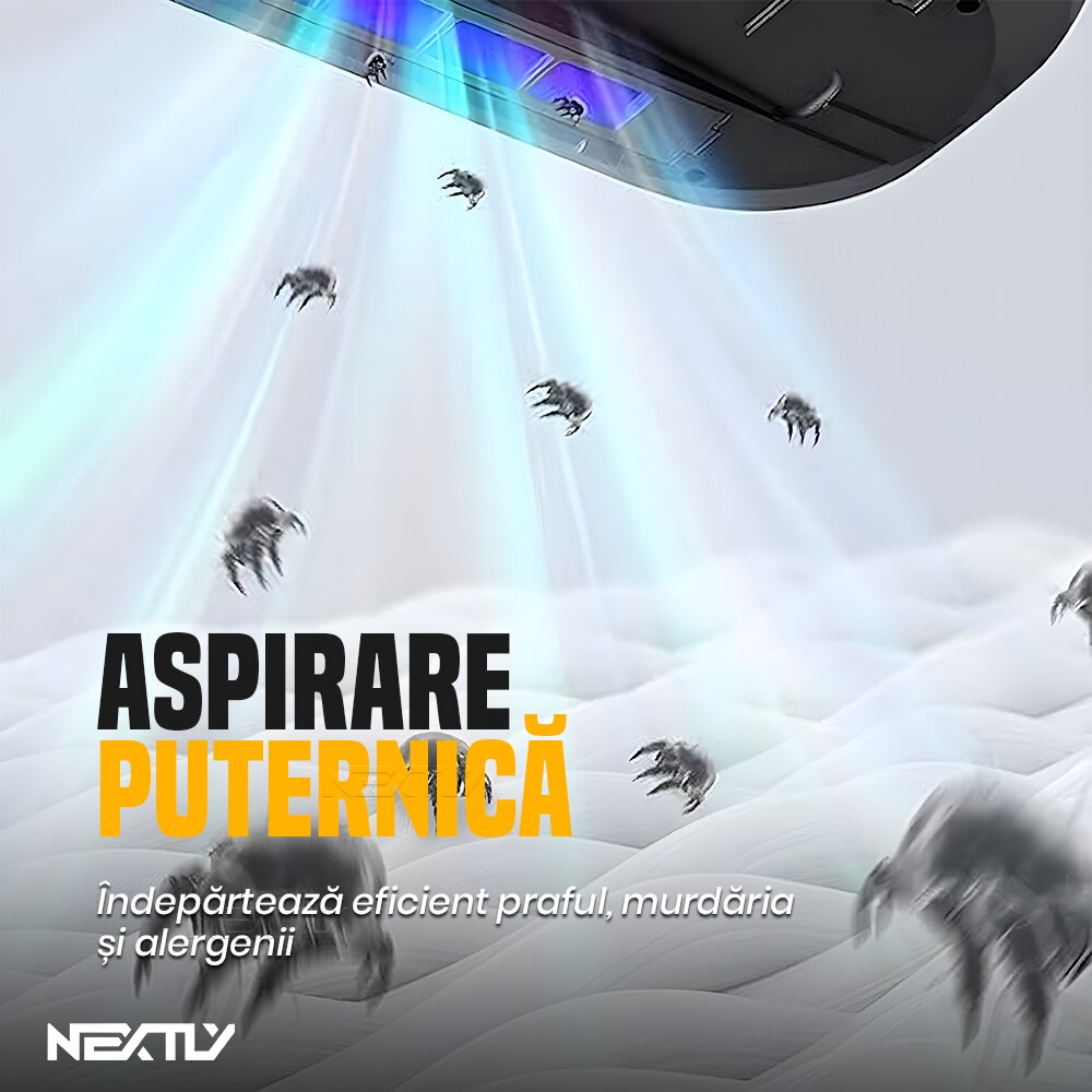 Aspirator antiacarieni NEXTLY, curatare si igienizare suprafete, 2 trepte de viteza, lumina UV, incarcare USB, 24x24cm, gri-mov