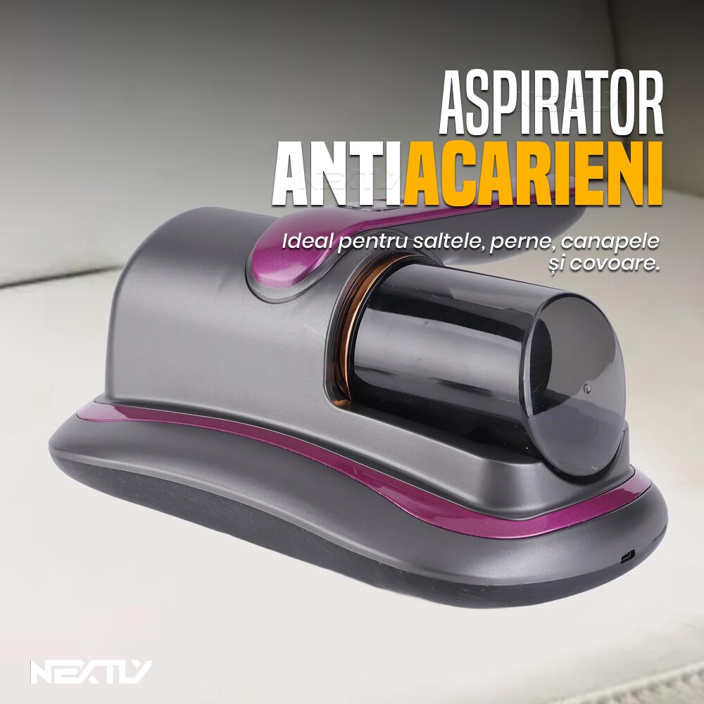 Aspirator antiacarieni NEXTLY, curatare si igienizare suprafete, 2 trepte de viteza, lumina UV, incarcare USB, 24x24cm, gri-mov