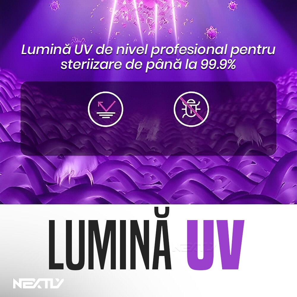 Aspirator antiacarieni NEXTLY, curatare si igienizare suprafete, 2 trepte de viteza, lumina UV, incarcare USB, 24x24cm, gri-mov