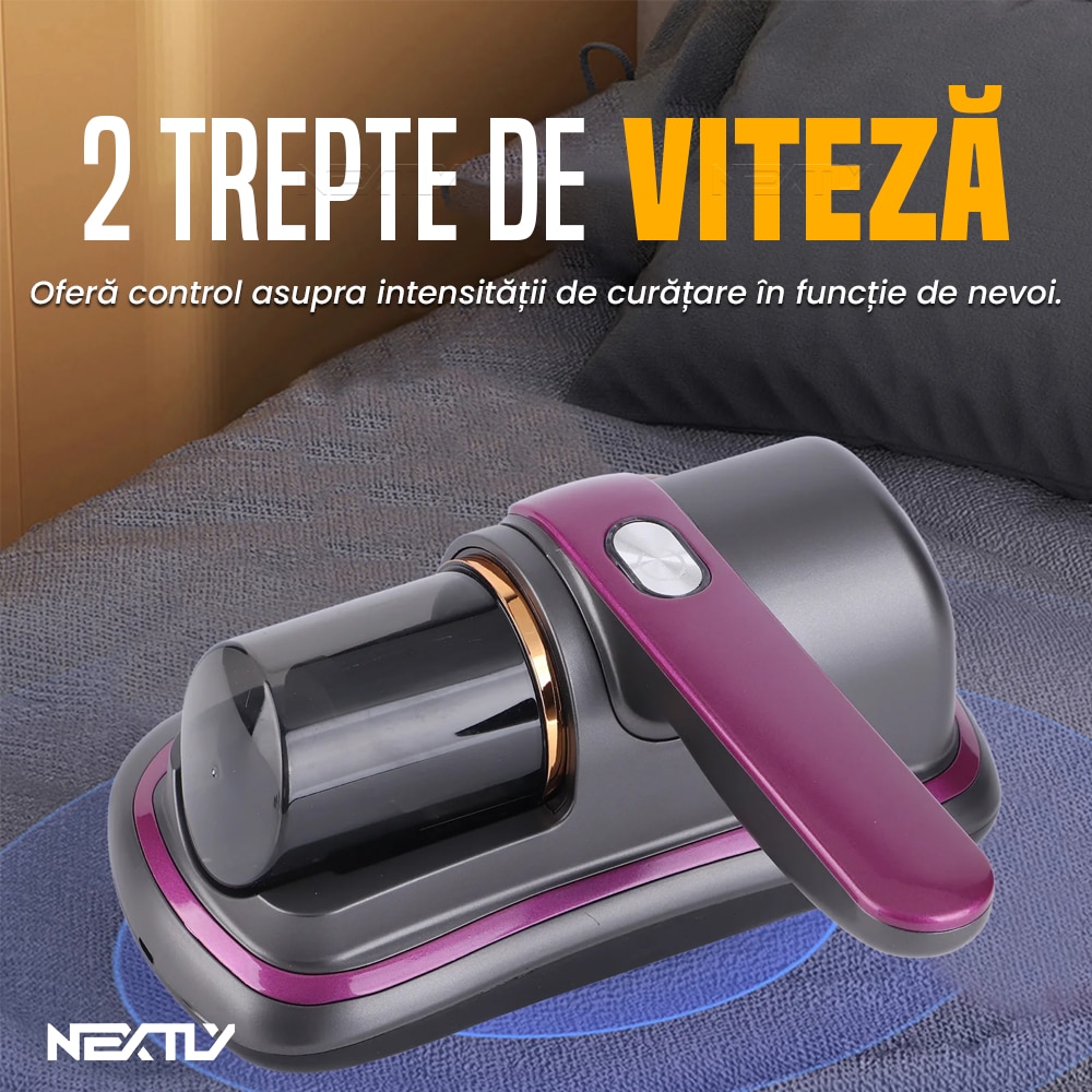 Aspirator antiacarieni NEXTLY, curatare si igienizare suprafete, 2 trepte de viteza, lumina UV, incarcare USB, 24x24cm, gri-mov