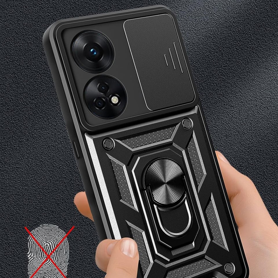 Husa pentru Oppo A98 5G, SKYDDAR INNOVATION, CamShield, Inel magnetic, set cu sticker, Negru