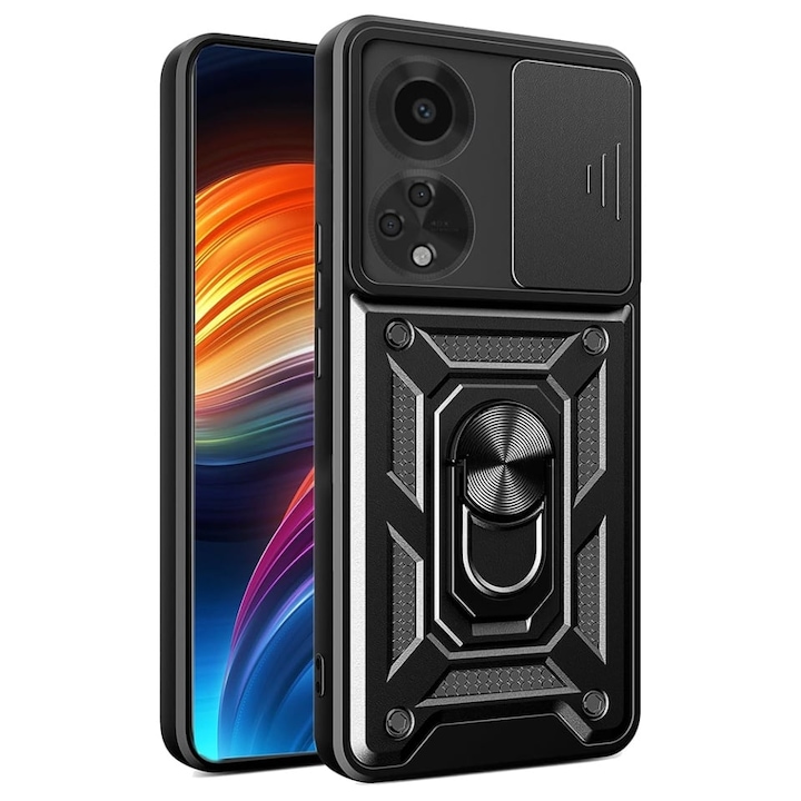 Husa pentru Oppo A98 5G, SKYDDAR INNOVATION, CamShield, Inel magnetic, set cu sticker, Negru
