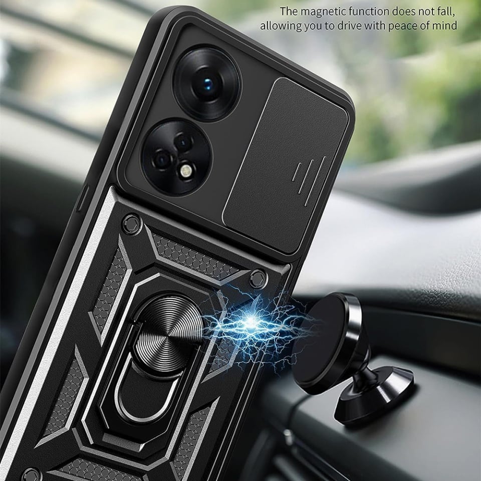Husa pentru Oppo A98 5G, SKYDDAR INNOVATION, CamShield, Inel magnetic, set cu sticker, Negru