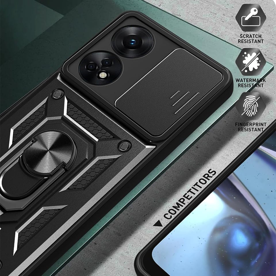 Husa pentru Oppo A98 5G, SKYDDAR INNOVATION, CamShield, Inel magnetic, set cu sticker, Negru