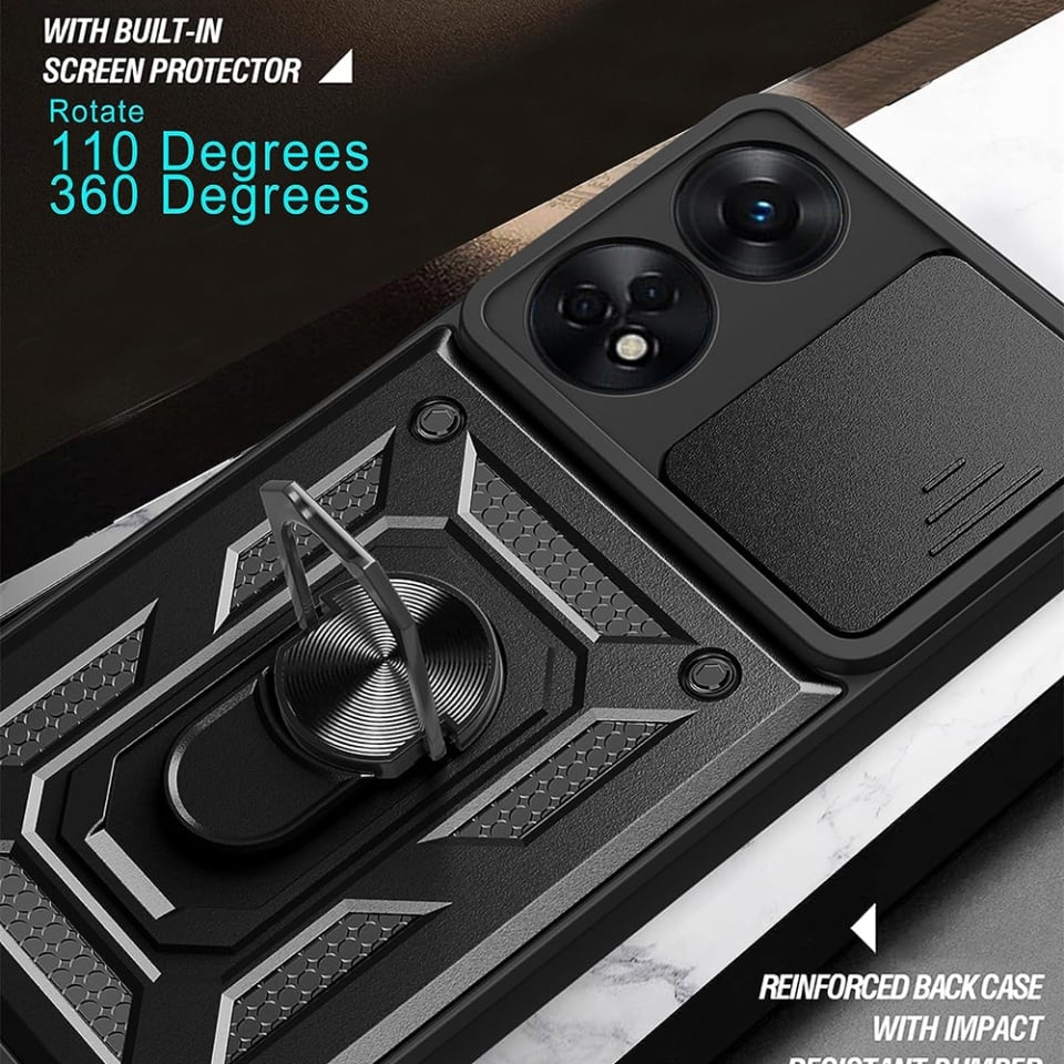 Husa pentru Oppo A98 5G, SKYDDAR INNOVATION, CamShield, Inel magnetic, set cu sticker, Negru