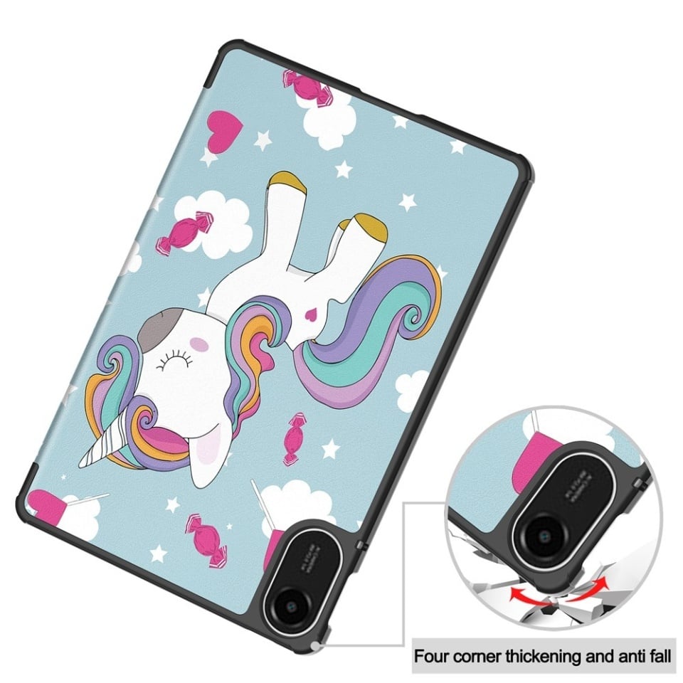 Husa tableta pentru Xiaomi Redmi Pad 2, SKYDDAR INNOVATION, cu suport Multi-Unghi si functie Sleep/Wake, FoldPro, Unicorn, set cu sticker