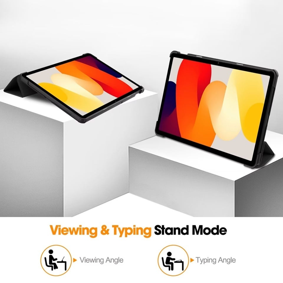 Husa tableta pentru Xiaomi Redmi Pad SE 11", SKYDDAR INNOVATION, cu suport Multi-Unghi si functie Sleep/Wake, FoldPro, Negru, set cu sticker