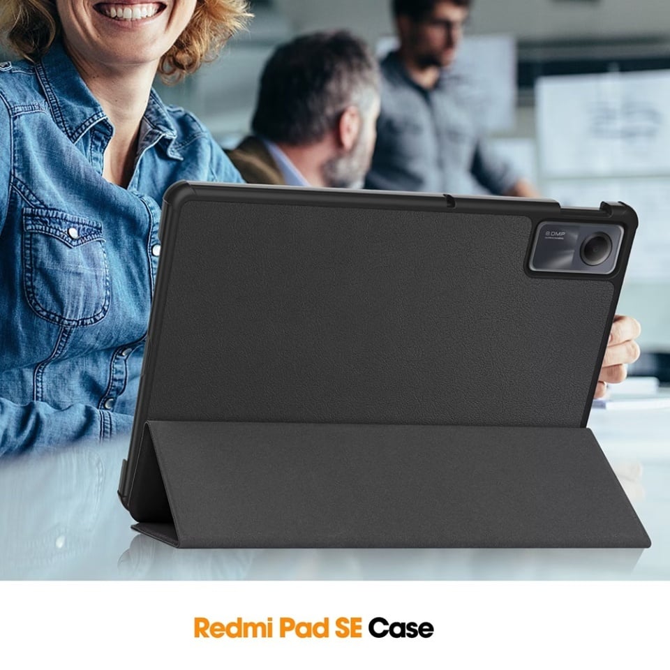 Husa tableta pentru Xiaomi Redmi Pad SE 11", SKYDDAR INNOVATION, cu suport Multi-Unghi si functie Sleep/Wake, FoldPro, Negru, set cu sticker