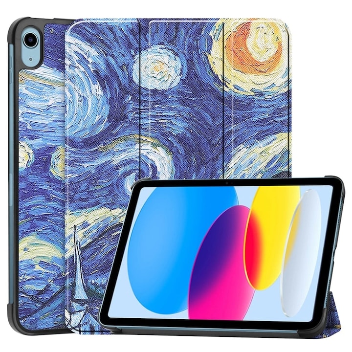 Husa tableta pentru iPad 10 (2022) 10.9 / 11 (2025), SKYDDAR INNOVATION, cu suport Multi-Unghi si functie Sleep/Wake, FoldPro, Starry night, set cu sticker
