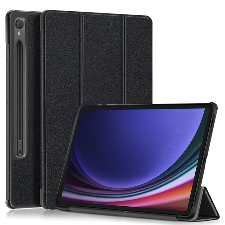 Husa tableta pentru Samsung Galaxy Tab S9 / S9 FE / S10 FE, SKYDDAR INNOVATION, cu suport Multi-Unghi si functie Sleep/Wake, FoldPro, Negru, set cu sticker