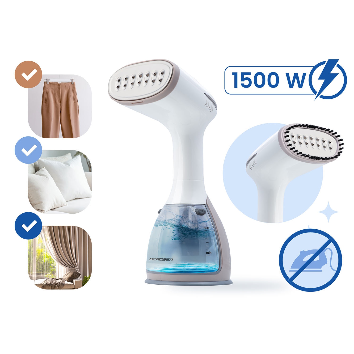 Parownica de imbracaminte 1500W Berdsen, 32g/min, rezervor 280ml, set cu perie