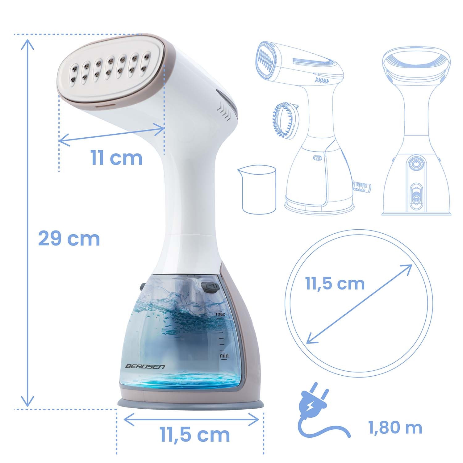 Parownica de imbracaminte 1500W Berdsen, 32g/min, rezervor 280ml, set cu perie