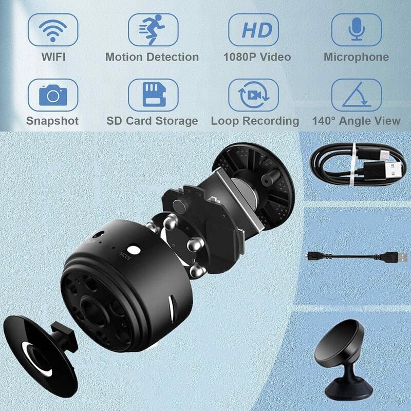 Camera de supraveghere mini wireless HD 4K, detectie miscare, viziune nocturna, set complet, neagra