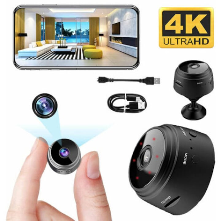 Camera de supraveghere mini wireless HD 4K, detectie miscare, viziune nocturna, set complet, neagra