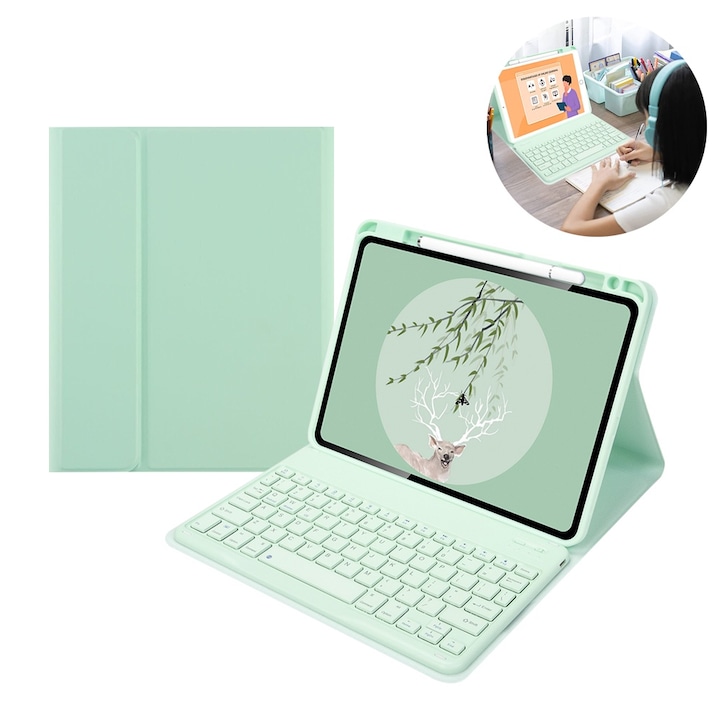 Husa tableta pentru Apple iPad Air 4, piele ecologica, tastatura Bluetooth, verde