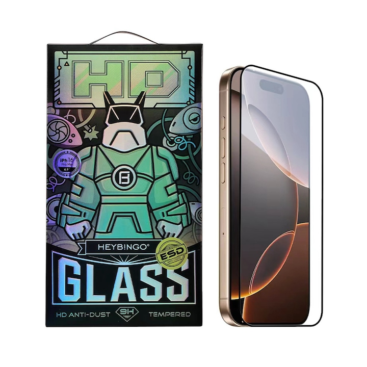 Folie de Sticla Pentru Apple iPhone 16 PRO MAX HEYBINGO, 9H RTS HD din Sticla Securizata Antistatica Transparenta, cu Kit Aplicare, Rezistenta la Zgarieturi, Nu Lasa Amprente