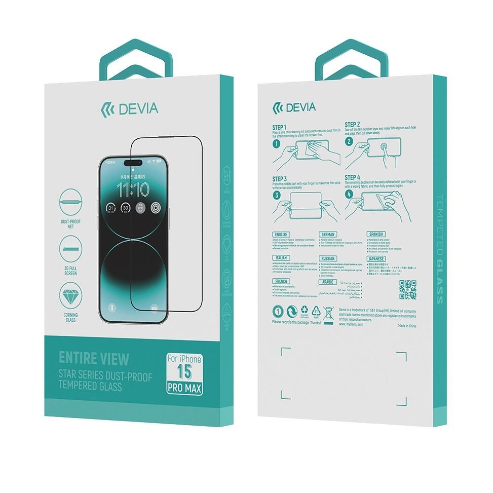 Folie Devia Sticla Star Series Full Screen Entire View compatibila cu iPhone 15 Pro Max Negru
