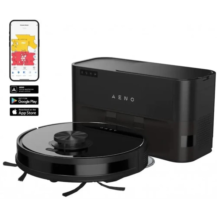 Aspirator robot AENO ARC0005S, 4000Pa, 3000 mAh, 120 m2, Cartografiere, Wi-Fi Comenzi vocale, Autonomie pana la 120 min, Negru