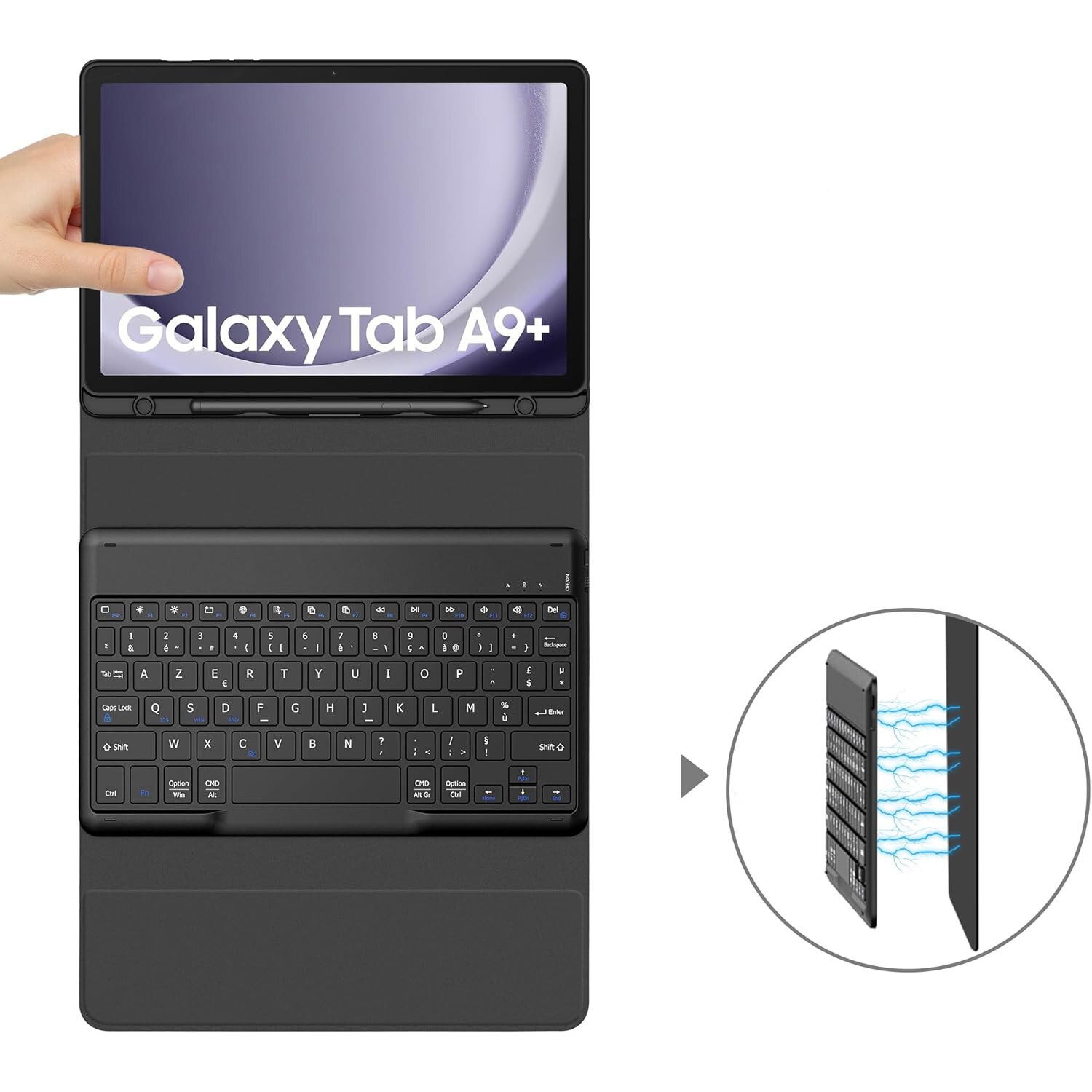 Futeral cu tastatura Bluetooth pentru Samsung Galaxy Tab A9+ 11, 3 in 1, piele velur, protectie completa