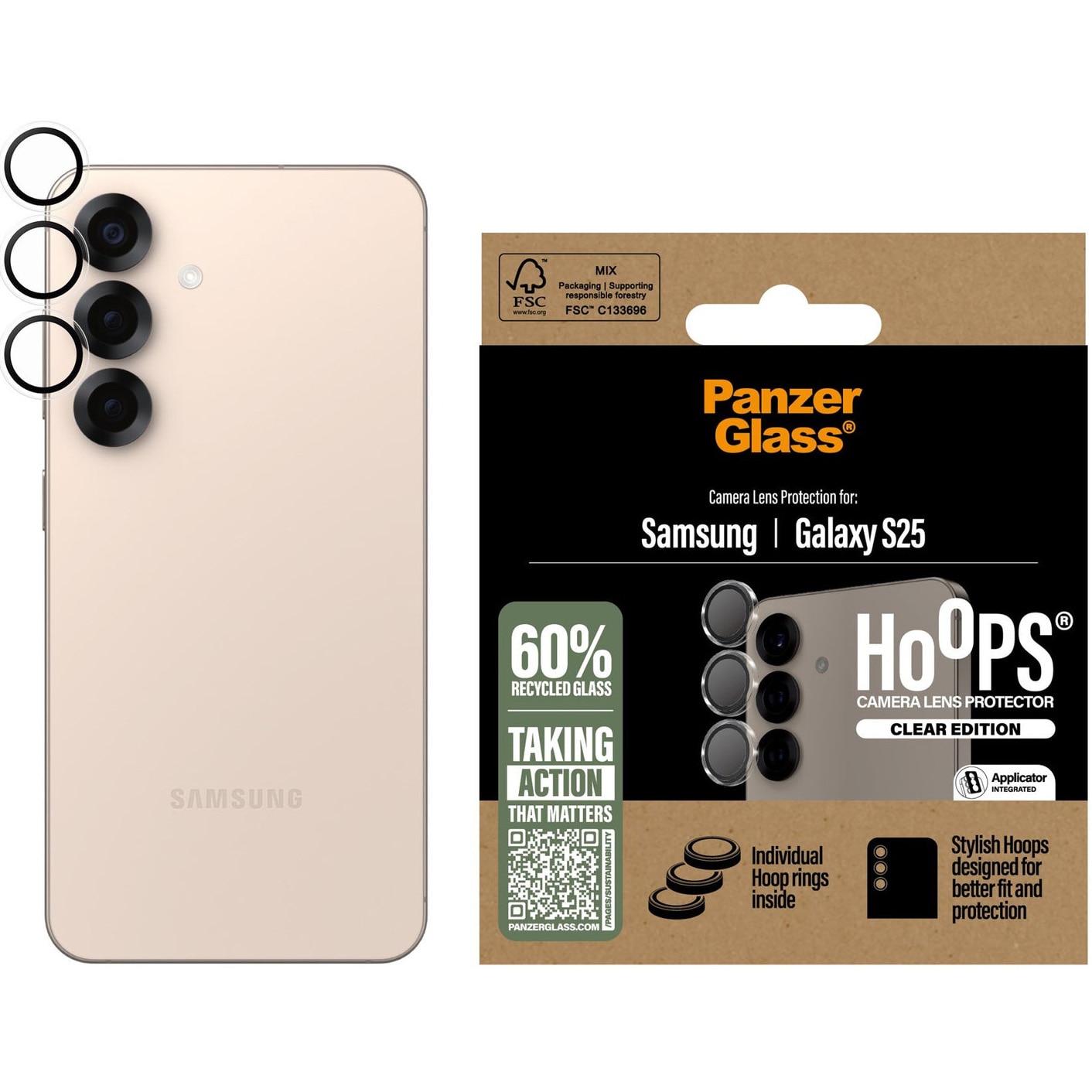 Folie de protectie sticla camera PanzerGlass Hoops pentru Samsung Galaxy S25, Transparent