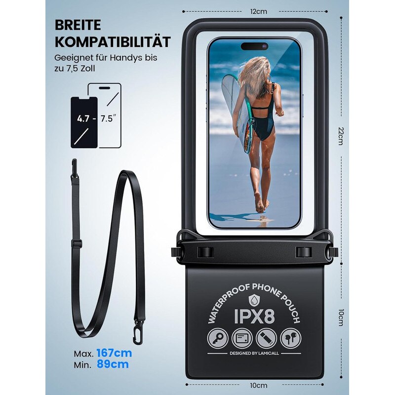 ToyTails Husa Waterproof Universala IPX8, Dubla Protectie - Geanta Rezistenta la Apa pentru Inot, Telefoane cu Ecran Mare pana la 7,5 Inch, negru