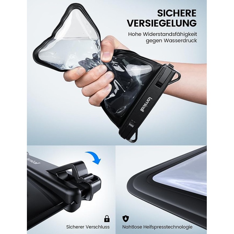 ToyTails Husa Waterproof Universala IPX8, Dubla Protectie - Geanta Rezistenta la Apa pentru Inot, Telefoane cu Ecran Mare pana la 7,5 Inch, negru