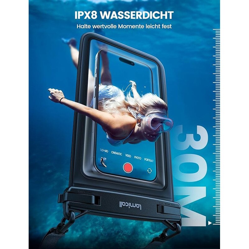 ToyTails Husa Waterproof Universala IPX8, Dubla Protectie - Geanta Rezistenta la Apa pentru Inot, Telefoane cu Ecran Mare pana la 7,5 Inch, negru