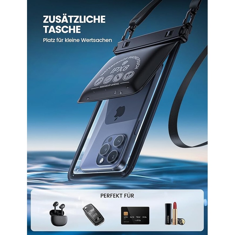 ToyTails Husa Waterproof Universala IPX8, Dubla Protectie - Geanta Rezistenta la Apa pentru Inot, Telefoane cu Ecran Mare pana la 7,5 Inch, negru