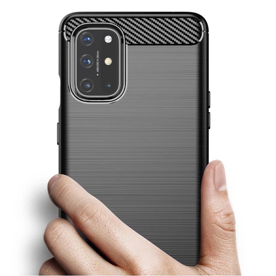 Husa pentru OnePlus 8T, SKYDDAR INNOVATION, Carbon Silicone, din Silicon Slim, cu textura Fibra Carbon, set cu sticker, Negru