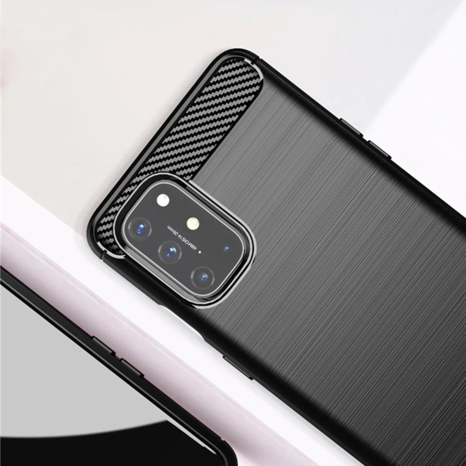 Husa pentru OnePlus 8T, SKYDDAR INNOVATION, Carbon Silicone, din Silicon Slim, cu textura Fibra Carbon, set cu sticker, Negru