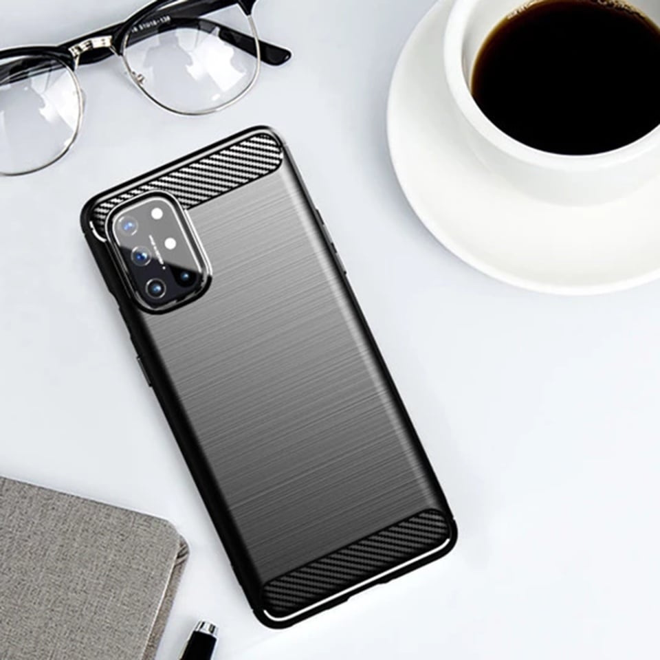 Husa pentru OnePlus 8T, SKYDDAR INNOVATION, Carbon Silicone, din Silicon Slim, cu textura Fibra Carbon, set cu sticker, Negru