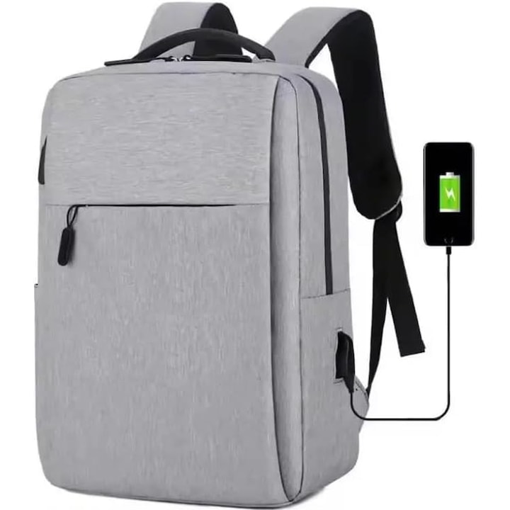 Rucsac laptop 18.5 inch, gri, cu port USB, rezistent la apa, compartimente multiple