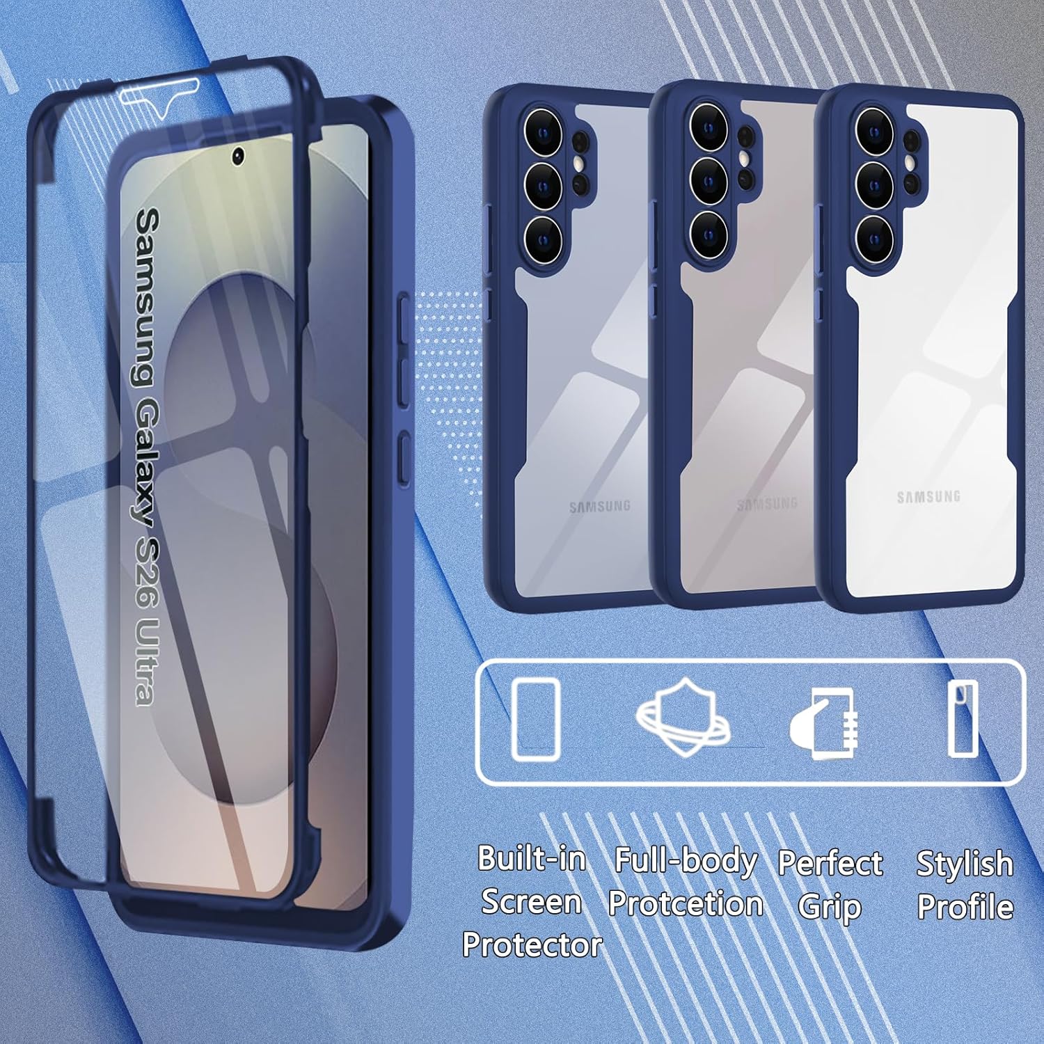 Set 360: Husa cu folie integrata pentru Samsung Galaxy S26 Ultra Protectie 360 fata / spate - albastru