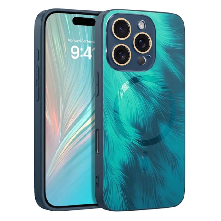 Husa de Protectie Pentru iPhone 13 ProMax MagSafe, model Turcoaz, lucios cu efect 3D tip Pana, design elegant si protectie completa inclusiv Lentile impotriva socurilor si zgarieturilor