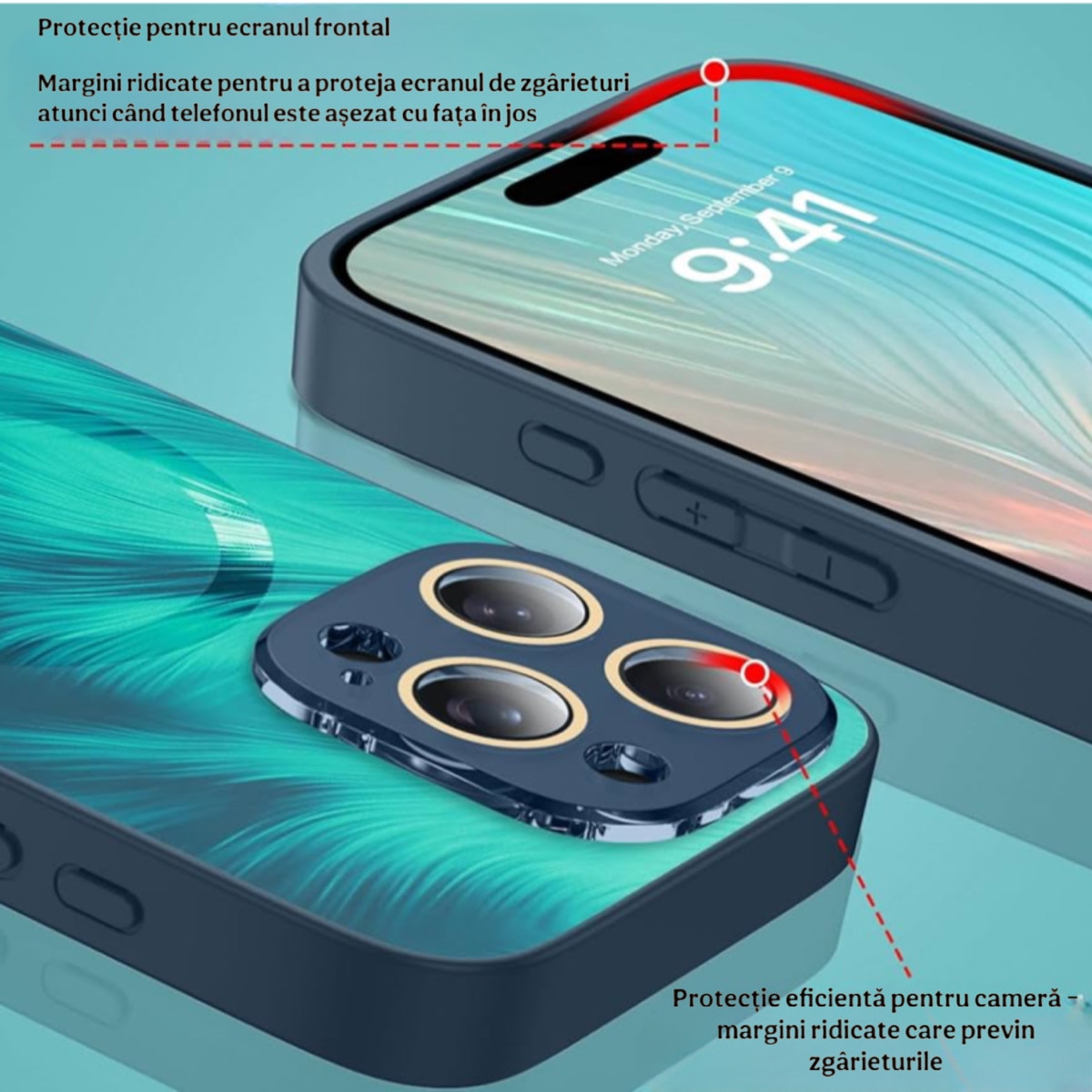 Husa de Protectie Pentru iPhone 13 ProMax MagSafe, model Turcoaz, lucios cu efect 3D tip Pana, design elegant si protectie completa inclusiv Lentile impotriva socurilor si zgarieturilor