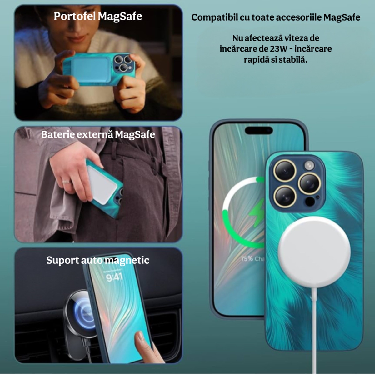 Husa de Protectie Pentru iPhone 13 ProMax MagSafe, model Turcoaz, lucios cu efect 3D tip Pana, design elegant si protectie completa inclusiv Lentile impotriva socurilor si zgarieturilor