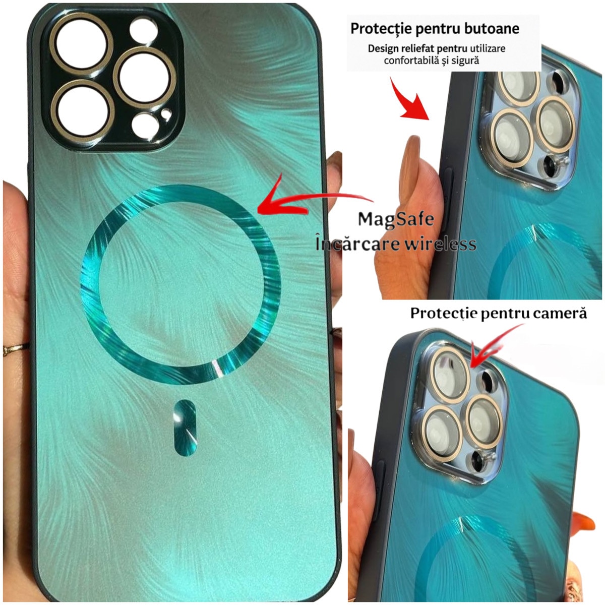 Husa de Protectie Pentru iPhone 13 ProMax MagSafe, model Turcoaz, lucios cu efect 3D tip Pana, design elegant si protectie completa inclusiv Lentile impotriva socurilor si zgarieturilor