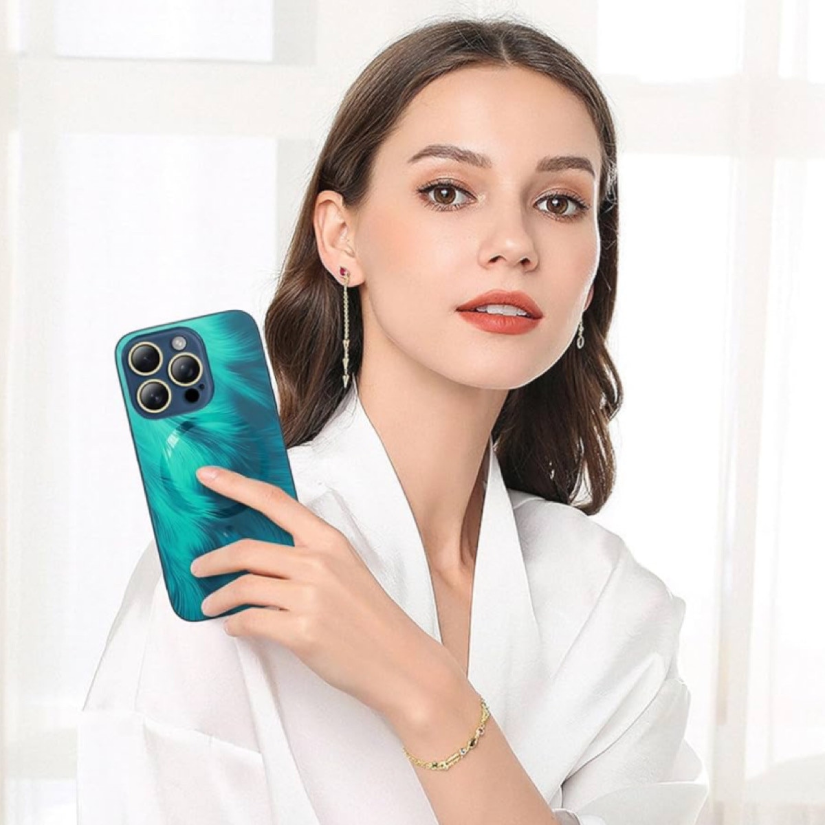 Husa de Protectie Pentru iPhone 13 ProMax MagSafe, model Turcoaz, lucios cu efect 3D tip Pana, design elegant si protectie completa inclusiv Lentile impotriva socurilor si zgarieturilor