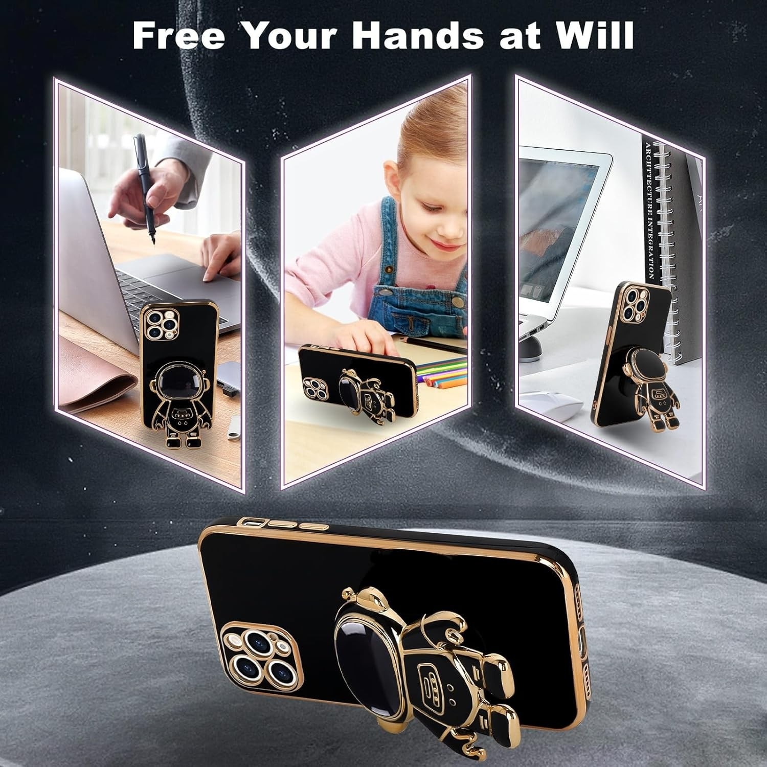 Husa de Protectie TPU 2in1, Flippy, pentru Apple iPhone 14 Pro, Astronaut cu Suport, Antisoc, Rezistenta la Impact, Protectie Camera, Negru