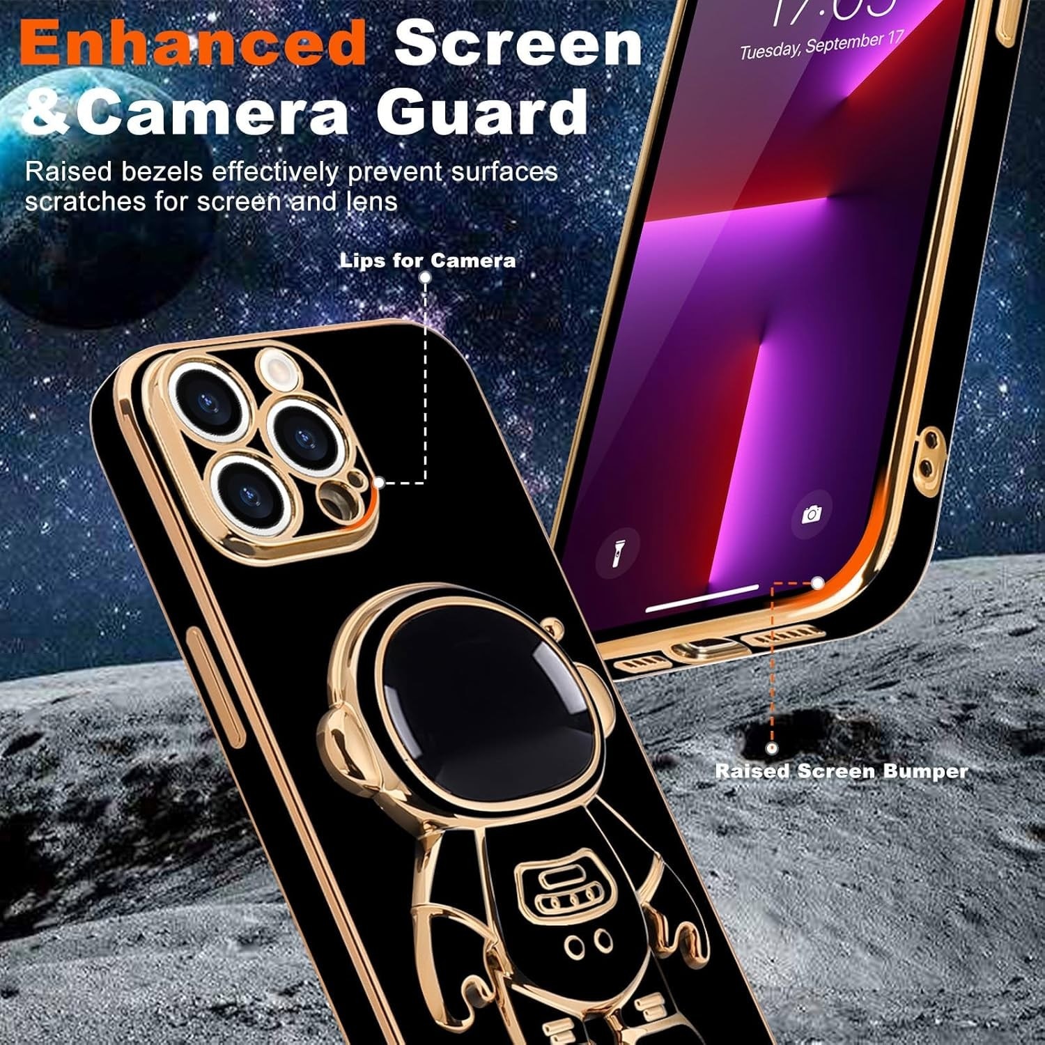 Husa de Protectie TPU 2in1, Flippy, pentru Apple iPhone 14 Pro, Astronaut cu Suport, Antisoc, Rezistenta la Impact, Protectie Camera, Negru