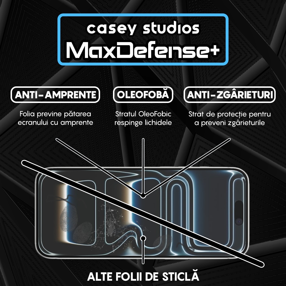 Folie Sticla CASEY STUDIOS™ compatibila cu iPhone 17 Pro Max, Full Cover 3D, Full Glue, Sticla Securizata, Duritate Militara, Ultra HD, Protectie Profesionala Ecran 3D, Anti Zgarieturi, Anti Socuri, Transparenta