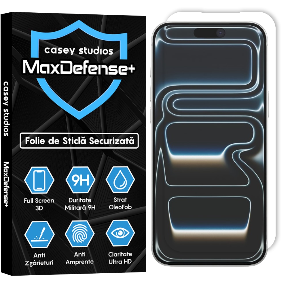 Folie Sticla CASEY STUDIOS™ compatibila cu iPhone 17 Pro Max, Full Cover 3D, Full Glue, Sticla Securizata, Duritate Militara, Ultra HD, Protectie Profesionala Ecran 3D, Anti Zgarieturi, Anti Socuri, Transparenta